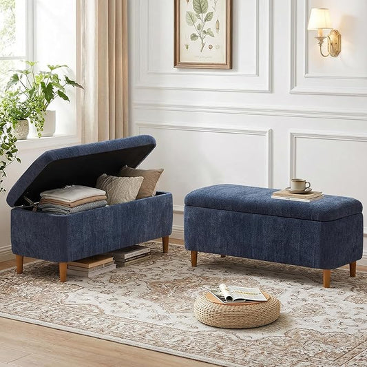 39.4”Ottoman with Storage Set of 2,Upholstered Comfy Storage Bench Ottoman with Wooden Legs,End of Bed Bench Footstool for Hallway Entryway Bedroom Living Room Corner Blue