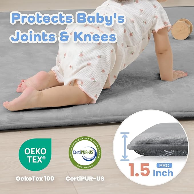 1.5" Thick Baby Play Mat for Floor, 39x59 Playpen Mat, Pro Soft Flannel Foam Mats Toddler Infant Kids Crawling for Nursery Rug Playroom Living Room Waterproof Easy Care Non-Slip (Dark Grey)