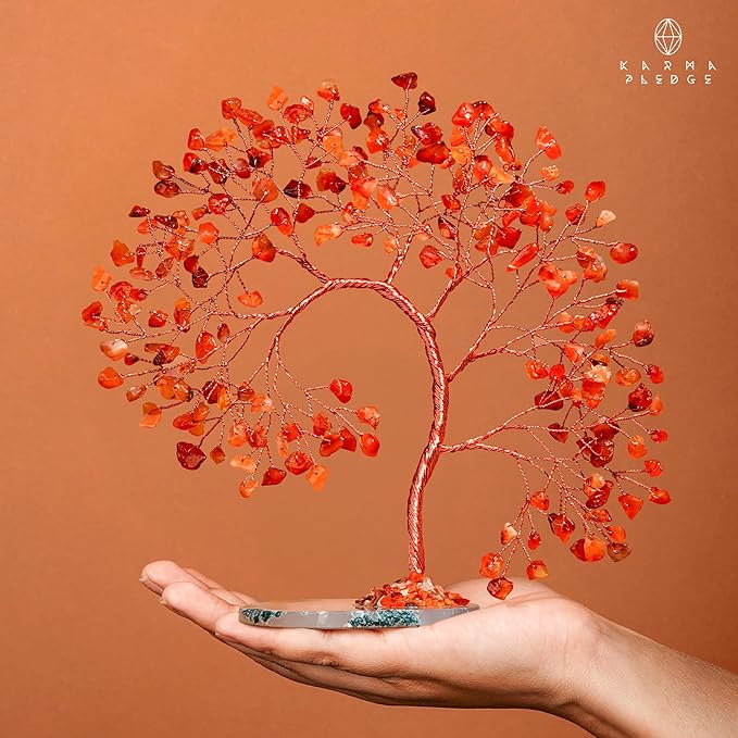 Crystal Tree of Life for Home, Office, Room, Wall Decor to Bring Money & Good Luck, Handmade Carnelian Reiki Healing Chakra Tree, Unqiue Birthday Gifts for Women, Men, Mom & Dad