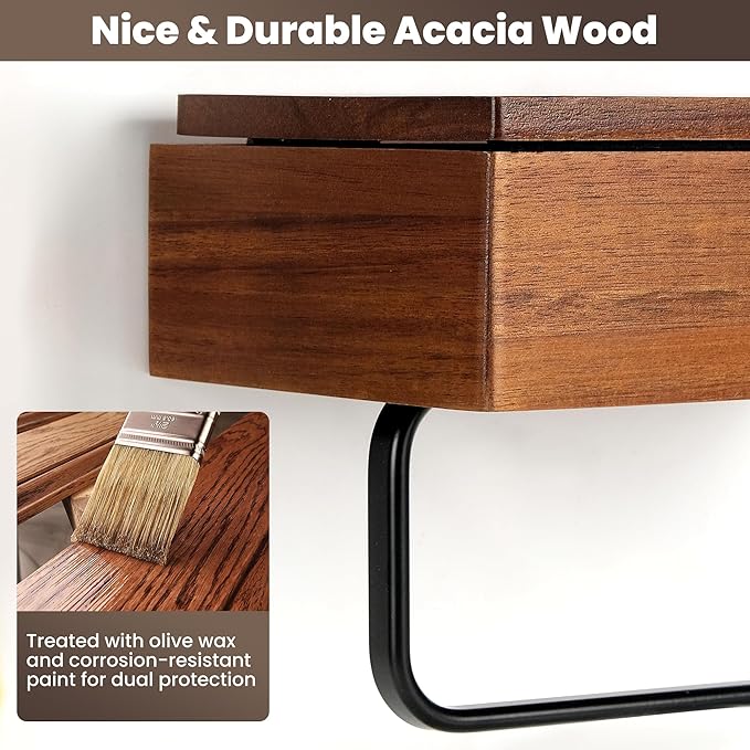Toilet Paper Holder with Acacia Wood Shelf - Wall Mount & Self-Adhesive Bathroom Tissue Roll Holder, Black Stainless Steel with Storage - Home Apartment Restroom