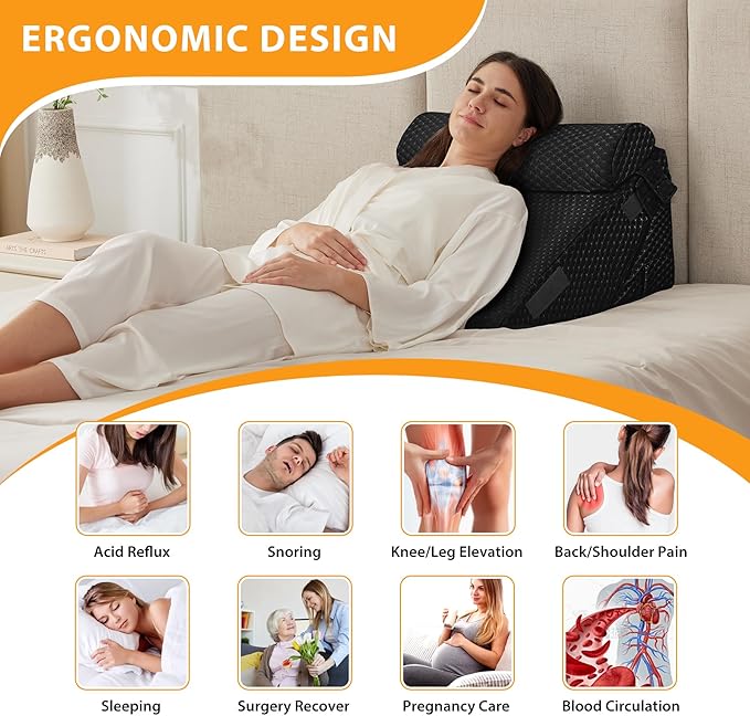 Ruqmuis 3PCS Wedge Pillow Set for After Surgery, Adjustable 9&12 Inch Bed Wedge Pillow for Sleeping, Incline Pillow Wedge for Headboard, Post Surgery, Acid Reflux, Neck&Back Support, Plush Black
