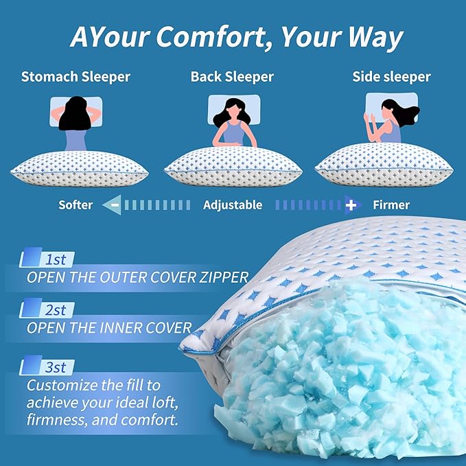 Memory Foam Pillow – Adjustable Loft Cooling Pillow Standard Size 1 Pack for Sleeping, Firm, Supportive, and Breathable Design for Hot, Side, Back, and Stomach Sleepers
