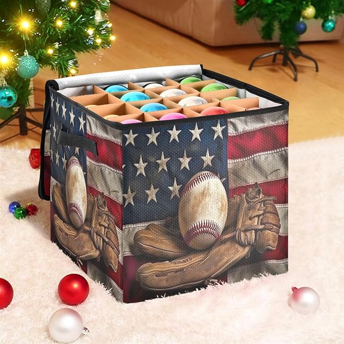 Kigai American Baseball Christmas Ornament Storage Box with Zipper & Adjustable Dividers Holiday Ornament Organizer Xmas Storage Container, 64 Balls