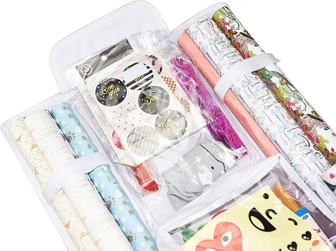 Freegrace Double-Sided Hanging Gift Wrap Organizer - Large 16 x 41 Inch Wrapping Paper Storage Bag - Tearproof 600D Oxford Closet Gift Bag & Ribbon Organization Storage Caddy, White