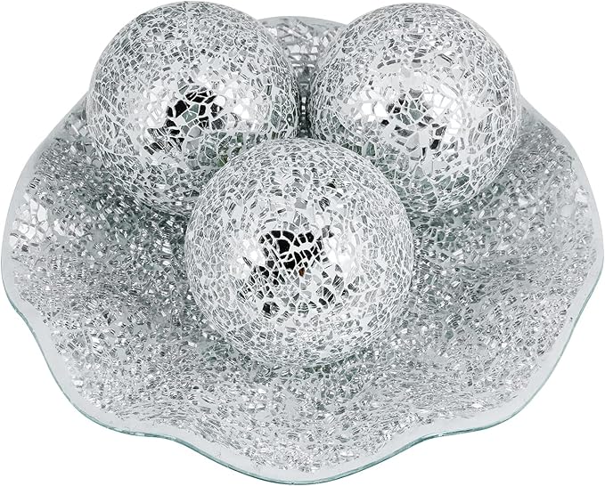 MDLUU Centerpiece Bowl and Balls Set, Mosaic Tray with 3 Pieces Spheres, 12" Decorative Plate with 4" Mosaic Orbs for Home Decor, Gift (Silver)