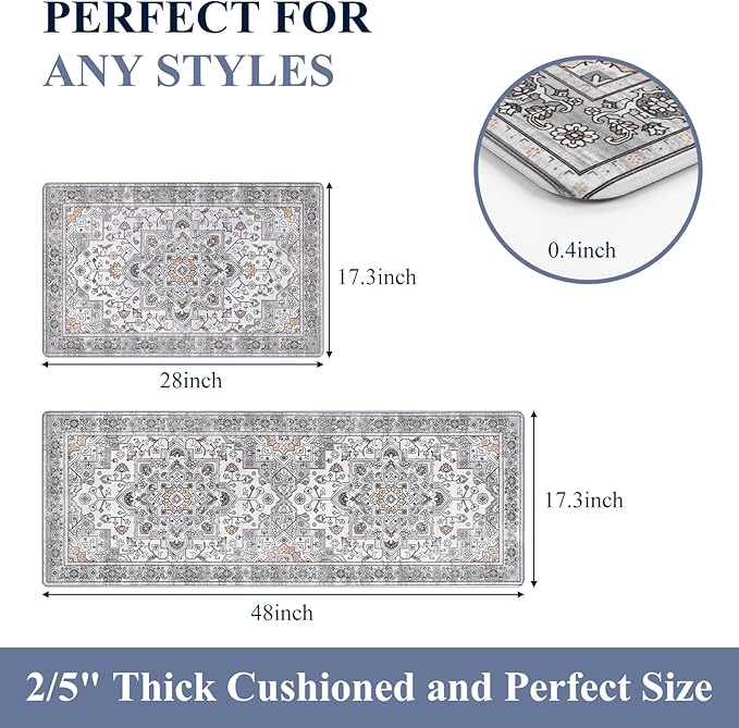 HEBE Anti Fatigue Kitchen Rugs Sets of 2, Non Slip Kitchen Mats for Floor, Waterproof Cushioned Comfort Standing Carpet for Kitchen Sink, Home Office, Laundry Room