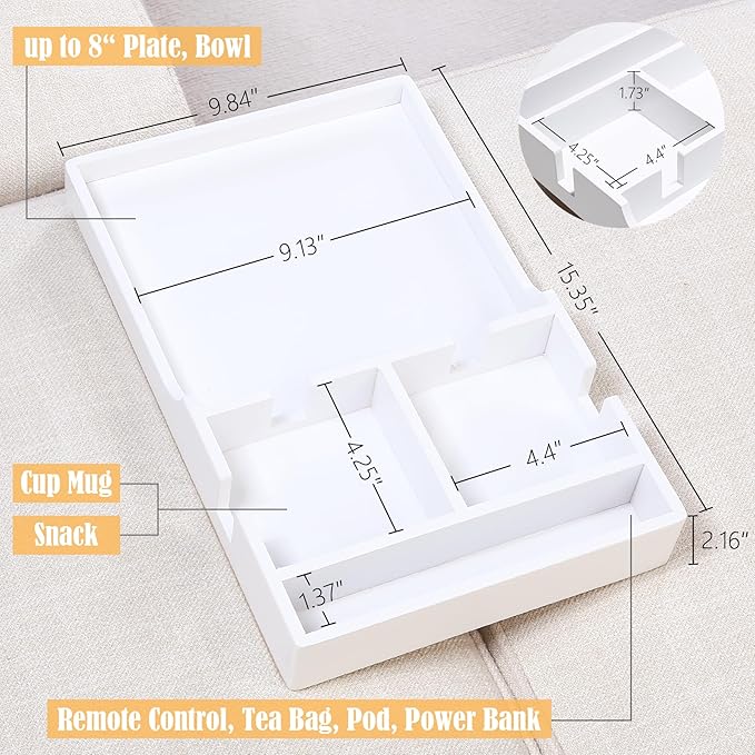 Nnewvante Sofa Tray Between Cushion, 2-in-1 Insert & Flat Sofa Organizer Bamboo with 2 Cup Holders,Fits Middle Couch or Ottomans,for Snacks, Drinks, Remotes,15.35x9.84-inch,White