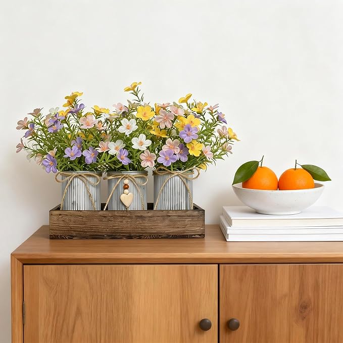 Artificial Gypsophila Baby's Breath, Rustic Table Centerpieces Home Decor for Dining Room, Farmhouse Wood Planter Box with 3 Galvanized Metal Pots Decorative Table Centerpiece