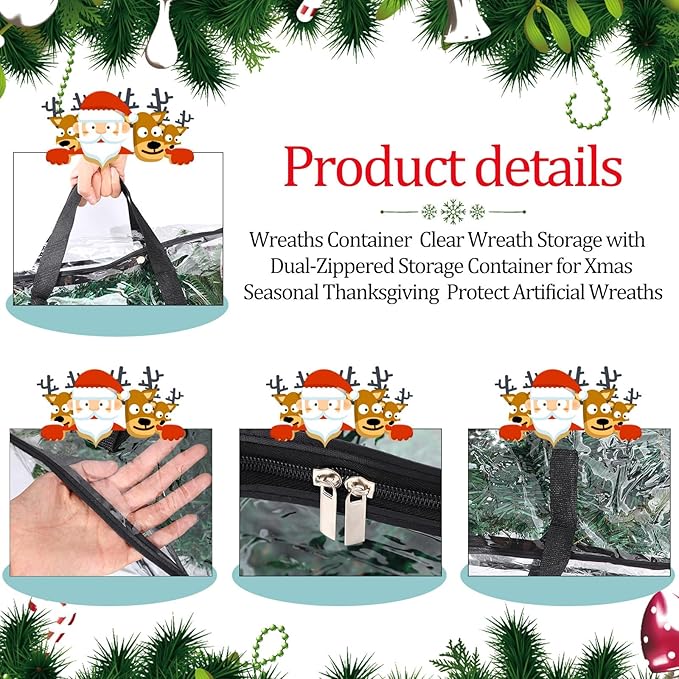 4 Pcs Christmas Wreath Storage Container Clear Organizer Bag for Xmas Moving With Handles and Dual Zipper Holder Plastic Tote (24 x 7 Inch)