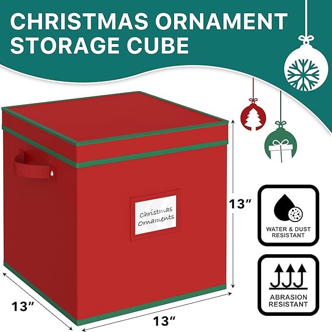 Simple Houseware Heavy-Duty Christmas Ornament Storage Box with Adjustable Dividers, Stores up to 64 Ornaments, Reinforced Base, Red
