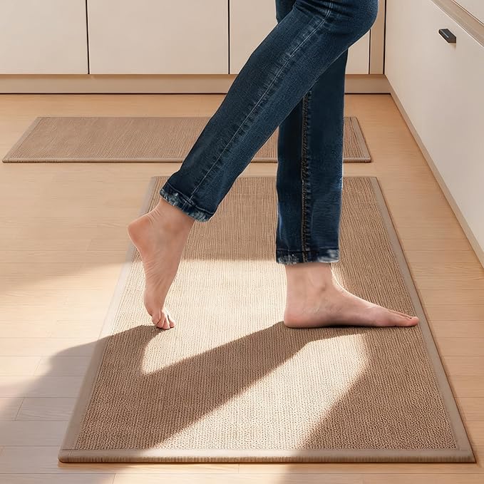 SUMLANS Kitchen Mat Set of 2 PCS, Cushioned Non Slip Rugs for Kitchen Floor, Absorbent Runner Comfort Standing Mats Washable for Kitchen, Office, Home (Camel, 17.3"x47"+17.3"x30")