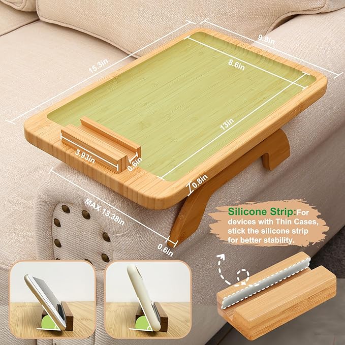 SINWANT Couch Arm Tray,Bamboo Sofa Clip on Side Table,Foldable Couch Armrest Table with 360° Phone Holder,Food Trays for Eating/Drinks/Snacks/Remote 15.35" x 9.8"