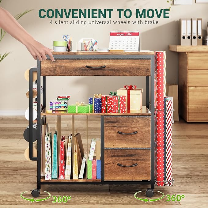 PUNLUXU Wrapping Paper Storage Cart, Rolling Gift Wrap Station with Ribbon and Gift Bag Storage, Wrapping Paper Organizer Holder, Craft Organizers and Storage for Christmas, Craft Storage Cart 004