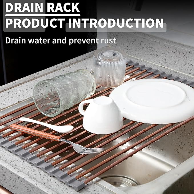 11.8" x 17" Expandable Roll Up Over The Rack Sink Cover Kitchen Dish Drying Rack,SUS304 Stainless Steel Multipurpose Collapsible Organizer Dish Drying Rack for Kitchen Sink Cover,Rose Gold