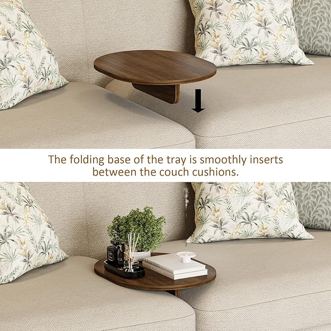 Asgolion Sofa Tray Between Cushion, 15.75"x12.6" Wood Couch Tray, Folding Couch Armrest Table Fit Armless Couch/Sectional, for Drink Snacks Phone Remote Holder, Rustic Brown