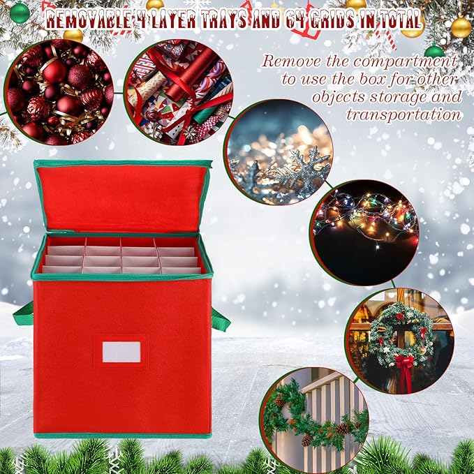 Maxcheck 4 Pcs Christmas Ornament Storage Box 16 Trays for 256 Holiday Ornaments in Total 3 Inch Decoration Organizer Storage Container with Adjustable Dividers Dual Zipper Closure Xmas Holiday