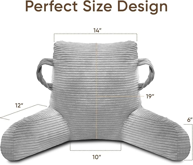 Reading Pillow for Sitting in Bed Adult, Bed Reading Pillow with Shredded Memory Foam, Back Pillow for Sitting with Arms and Pockets, LightGrey
