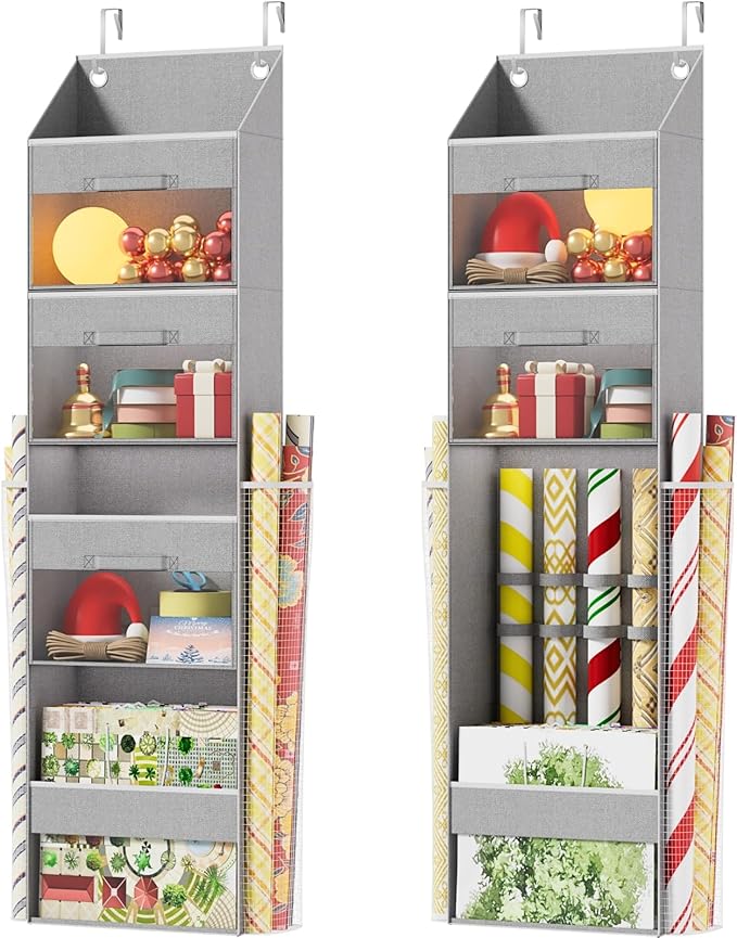 Light Grey Over Door Wrapping Paper Organizer Storage with 3 Removable Drawers & Side Pockets –Dual Use Design with Elastic Straps Wrap Storage for Ribbons,Bows,Ornament and Other Tools