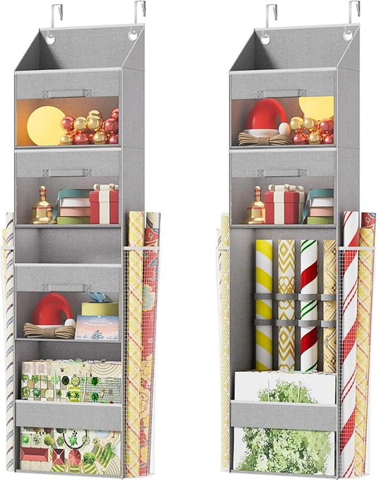 Light Grey Over Door Wrapping Paper Organizer Storage with 3 Removable Drawers & Side Pockets –Dual Use Design with Elastic Straps Wrap Storage for Ribbons,Bows,Ornament and Other Tools