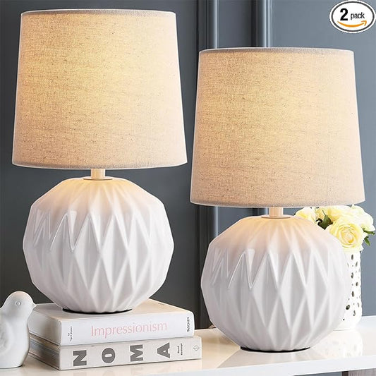 Somniferous Ceramic Bedroom Table Lamps Set of 2, Small Bedside Lamp, White Lamp with Linen Shade, Mid Century Modern Nightstand Lamp for Bedroom Living Room Office, 7W LED Bulb Included