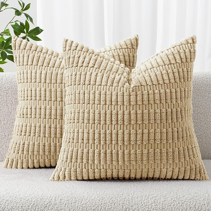 MIULEE Pack of 2 Corduroy Decorative Euro Sham Throw Pillow Covers 26x26 Inch Soft Boho Striped Pillow Covers Modern Farmhouse Home Decor for Sofa Living Room Couch Bed Tan