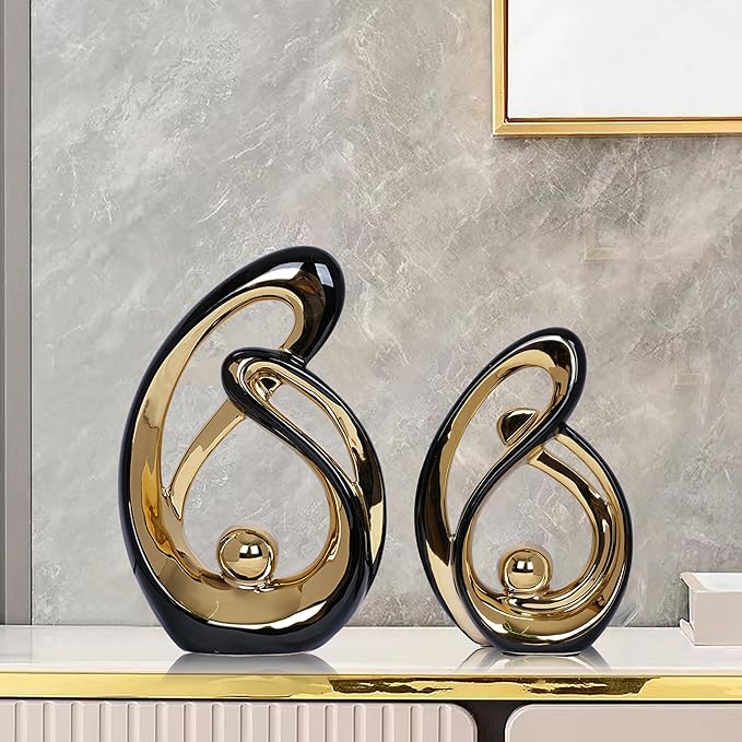 2 PCS Black Decor Accent Ceramic Statue Black and Gold Mid Century Modern Home Decor Accents Sculpture Decorations Centerpieces for Living Room Bookshelf Shelf Coffee Table Kitchen Office Dining Table