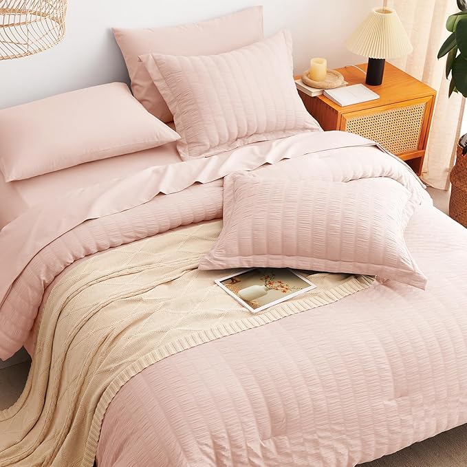 CozyLux King Size Comforter Set Blush Pink Seersucker 7 Pieces Bed in a Bag King Comforter Set with Sheets, Luxury Soft Bedding Sets with Down Alternative Comforter, Sheets, Pillowcases & Shams