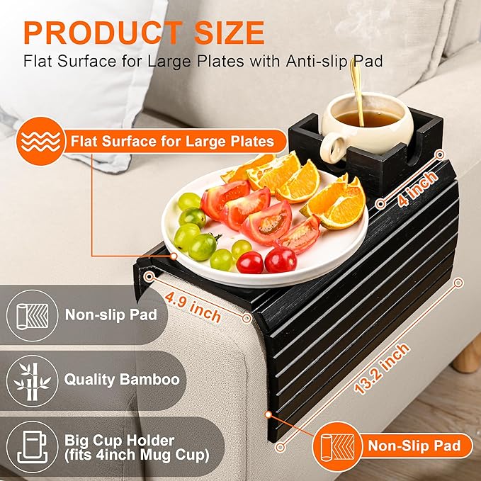 Joy&Grace Sofa Armrest Tray with Large Mug Holder, Bamboo Couch Arm Tray, Anti-Slip Couch Cup Holder Foldable Sofa Arm Table for Eating Drinks Cellphone (Color Black)