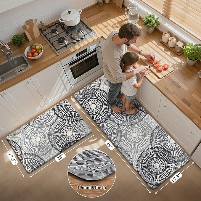 HEBE Anti Fatigue Kitchen Rugs Sets of 2, Non Slip Kitchen Mats for Floor, Waterproof Cushioned Comfort Standing Carpet for Kitchen Sink, Home Office, Laundry Room