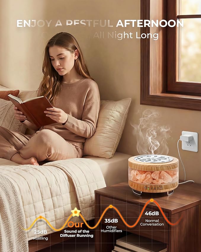4-in-1 Ultrasonic Essential Oil Diffuser with Himalayan Salt Lamp, Humidifier & 7-Color LED Mood Light, Timer & Auto Shut-Off, Ultra-Quiet Aroma Diffuser for Bedroom, Office & Yoga –Beige