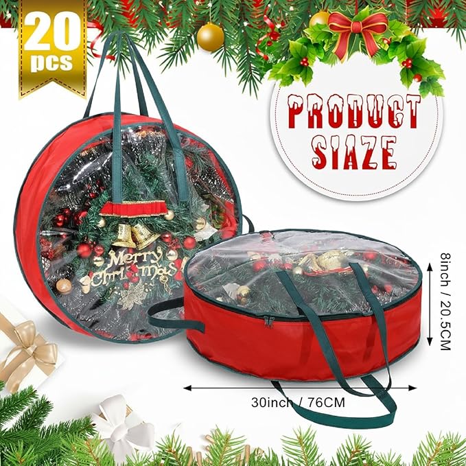 Shappy 20 Pcs Red Wreath Storage Bag Clear Wreath Box Storage Containers with Clear Window and Handle Garland Containers for Holiday Seasonal Bags