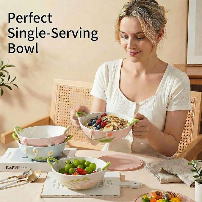 Ceramic Fruit Bowl with Handles, 3D Hand-Painted Lutip Floral Design Serving Bowl for Soup, Pasta, Salad and Snacks, 24oz, Microwave & Dishwasher Safe