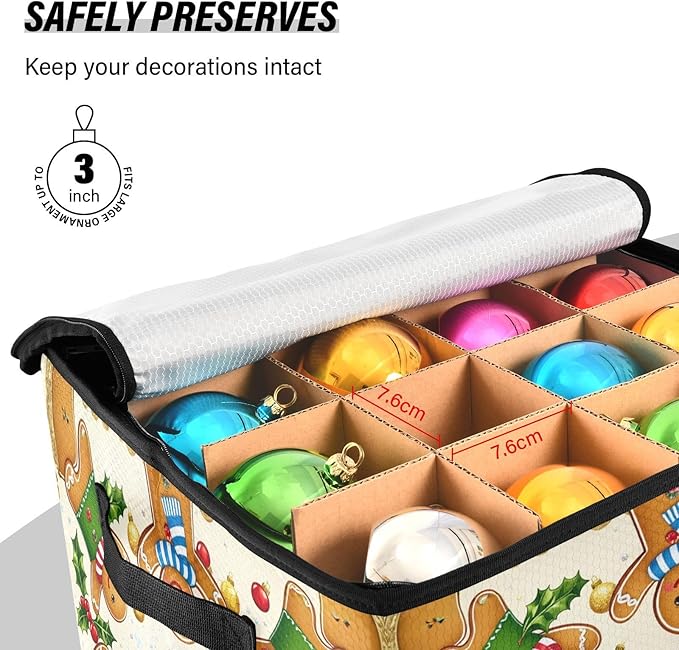 Gingerbread Man Red Christmas Ornament Storage Basket Box Winter Xmas Bells Holiday Storage Container Cube with Adjustable Dividers for 64 Holiday Ornaments or Decorations Keeps Clean and Dry