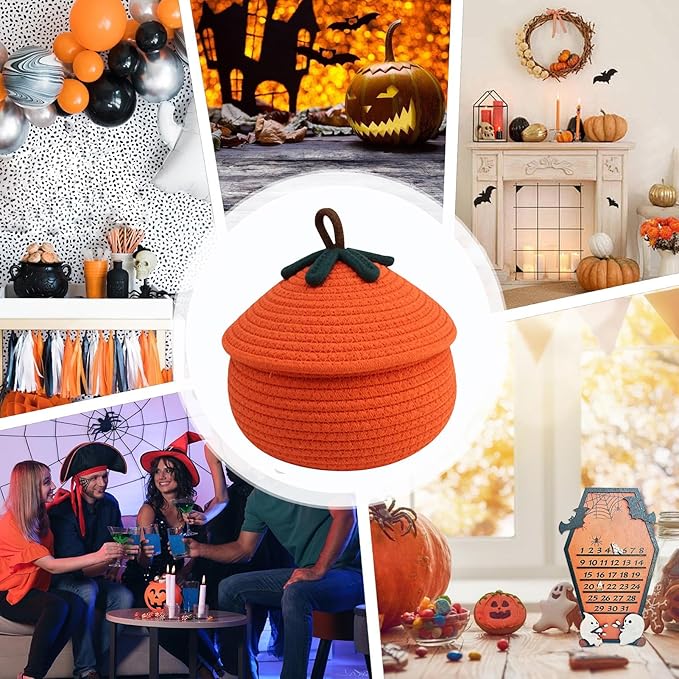 Pumpkin Basket with Lid, Halloween Woven Storage Basket Woven Storage Basket Halloween Pumpkin Design, Decorative Seasonal Rope for Keys, Books
