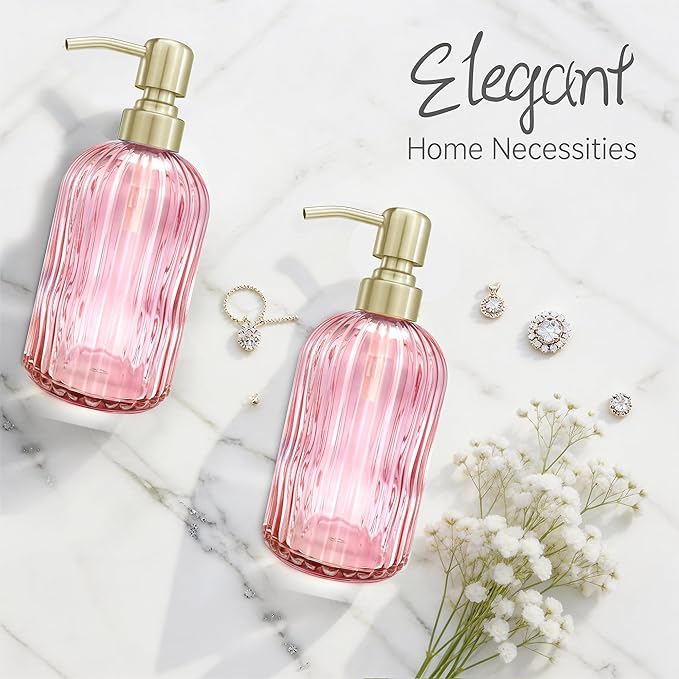 16 OZ Pink Glass Soap Dispenser,Clear Pink Stripe Bathroom Hand Soap Dispensers with Stainless Steel Gold Pump, Pink Kitchen Hand Soap Dispenser with Brushed Gold Pump