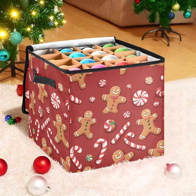 Gingerbread Man Red Christmas Ornament Storage Basket Box Winter Snowflake Bells Xmas Holiday Storage Container Cube with Adjustable Dividers for 64 Holiday Ornaments or Decorations