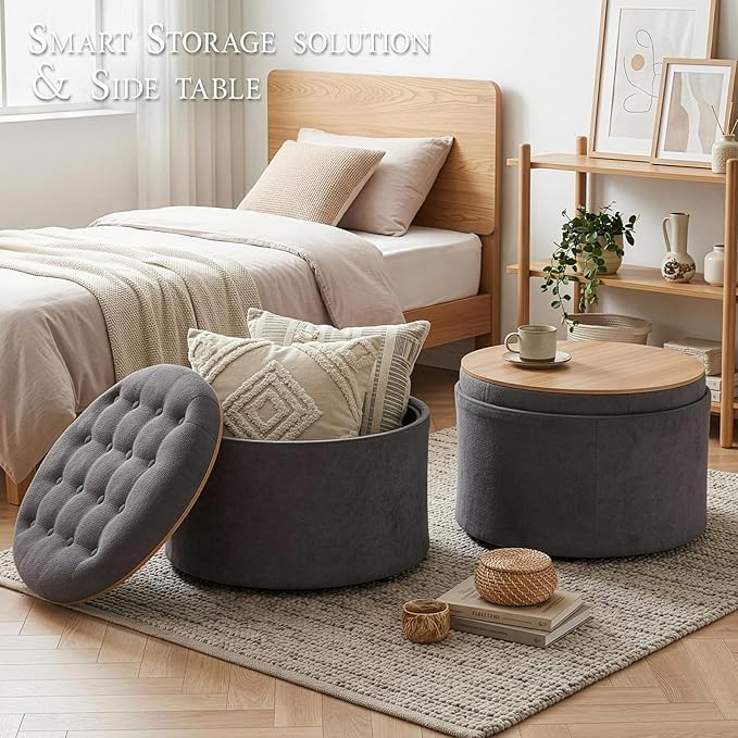 ONBRILL 25" Round Ottoman Coffee Table, Storage Ottoman with Lift-Off Lid, Multifunctional Foot Rest & Hidden Storage, Sturdy Steel Frame for Bedroom, Living Room, Corners, Apartment