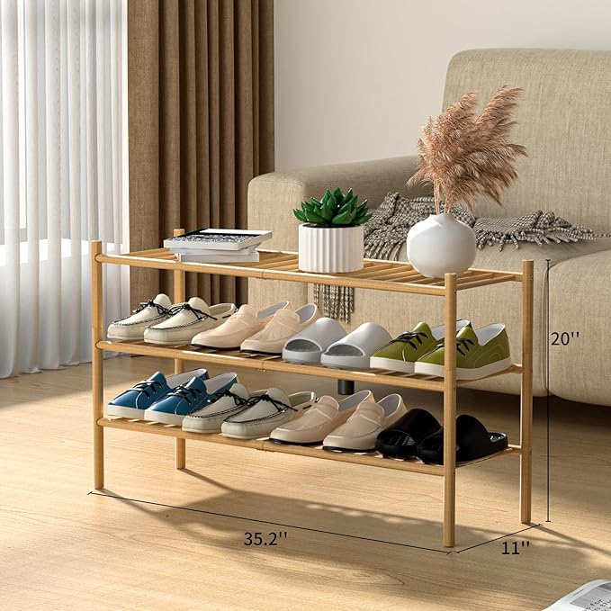 ROMGUAR CRAFT 3-Tier Bamboo Long Shoe Rack, Free Standing Wood Shoe Shelf Storage Organizer for Closet Entryway Stackable 35"x11"x20" (Natural)