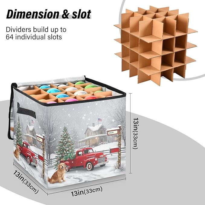 Red Truck Christmas Ornament Storage Basket Box Red Buffalo Plaid Winter Holiday Storage Container Cube with Adjustable Dividers for 64 Holiday Ornaments or Decorations Keeps Clean and Dry