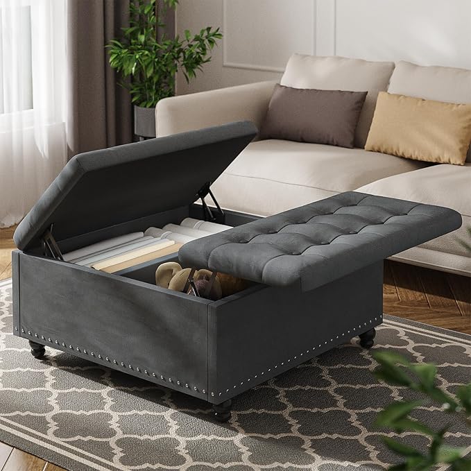 FUXA 35 Inch Large Square Ottoman with Storage, Oversized Ottoman Coffee Table with Lift Top and Wood Legs, Tufted Upholstered Storage Ottoman Bench for Living Room (Gray)