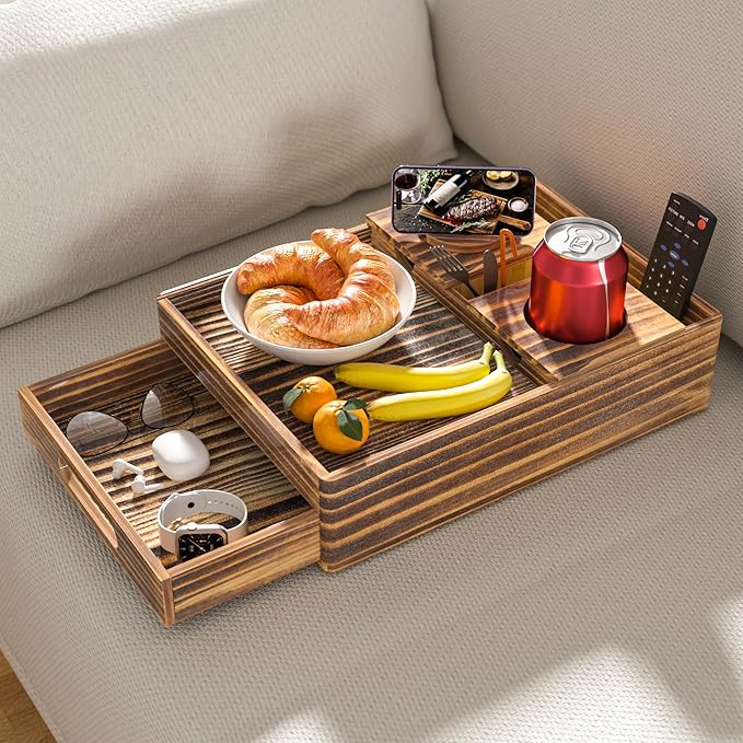 Vintage Wood Couch Cup Holder, 7-in-1 Couch Caddy Tray, Sofa Side Table with Push-Pull Drawer to Organize and Store Small Objects, 360°Swivel Phone Holder, for Drink, Cups, Snacks, Remote