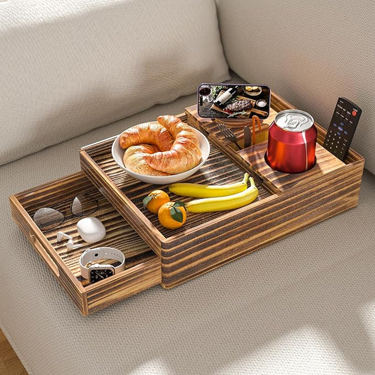 Vintage Wood Couch Cup Holder, 7-in-1 Couch Caddy Tray, Sofa Side Table with Push-Pull Drawer to Organize and Store Small Objects, 360°Swivel Phone Holder, for Drink, Cups, Snacks, Remote