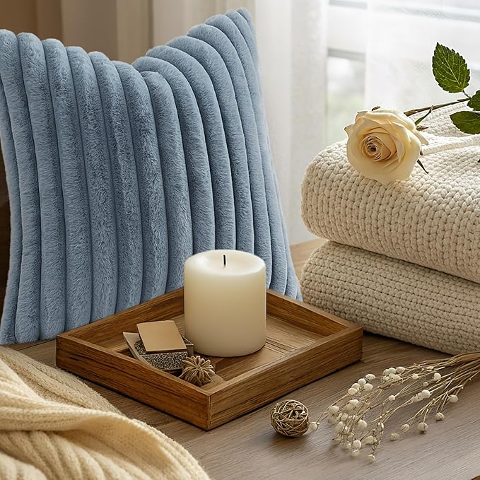 decorUhome Cozy Faux Fur Throw Pillow Covers 12x20 Set of 2 Decorative Soft Plush Striped Lumbar Modern Farmhouse Boho Couch Pillow Cases with Velvet Back for Sofa Bed Living Room, Grey Blue