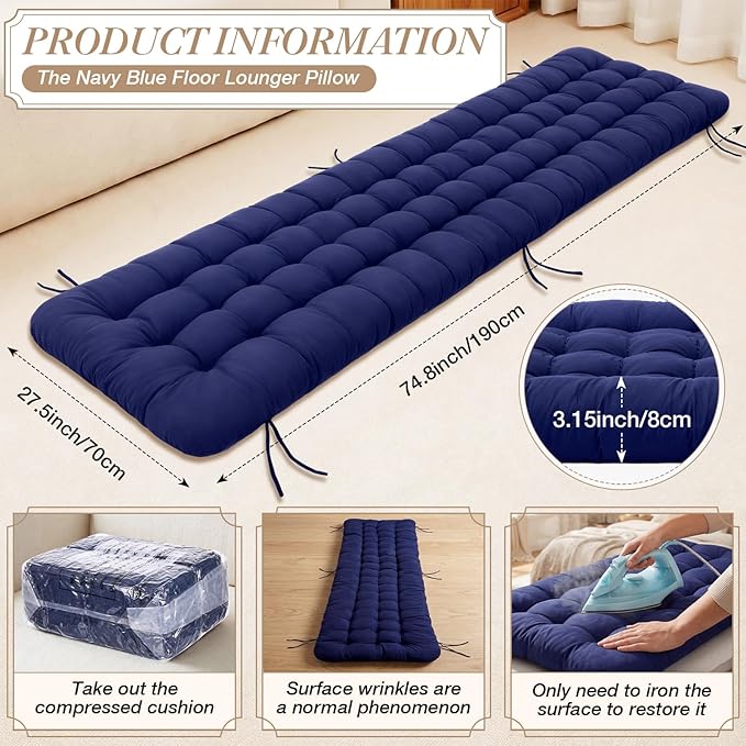 Wenqik Long Floor Cushion Large Floor Cushion with Brushed Cotton 74.8 x 27.5 x 3.15 in Jumbo Lounger Pillow for Outdoor Indoor Bay Window Meditation Yoga Reading Sleeping(Navy Blue)