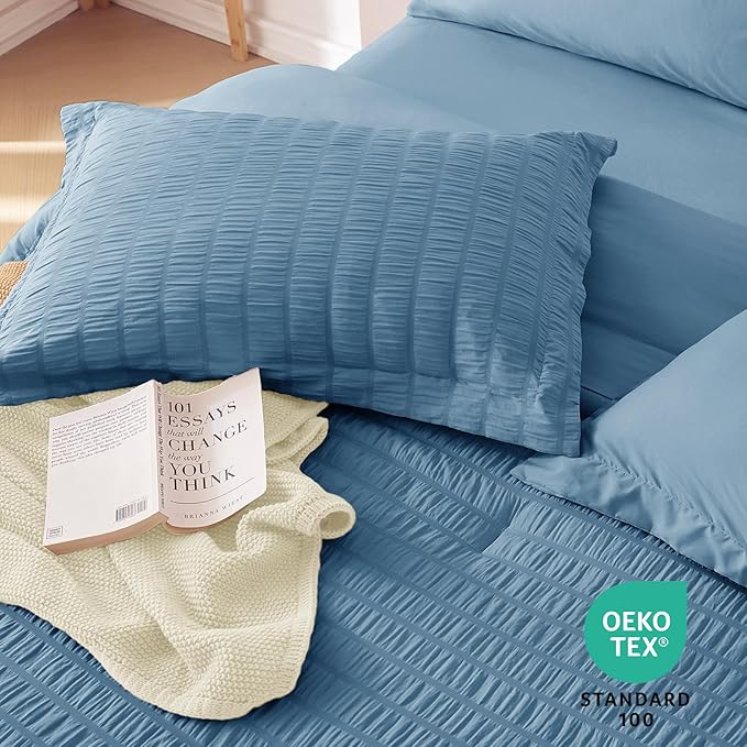 MUXHOMO 5 Pieces Twin XL Comforter Set, Seersucker Bed in a Bag Twin XL Size, All Season Luxury Bedding Set with Comforter, Flat Sheet, Fitted Sheet, Pillowcase & Sham, Mineral Blue