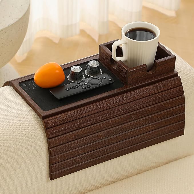 Bamboo Couch Cup Holder Arm Tray Table with Anti-Slip Cork Pad，Couch Drink Holder，Sofa Cup Holder Armrest Tray，Foldable Arm Chair Table Recliners for Drink, Cups, Eats，Snacks, Phone, Remote (Brown)