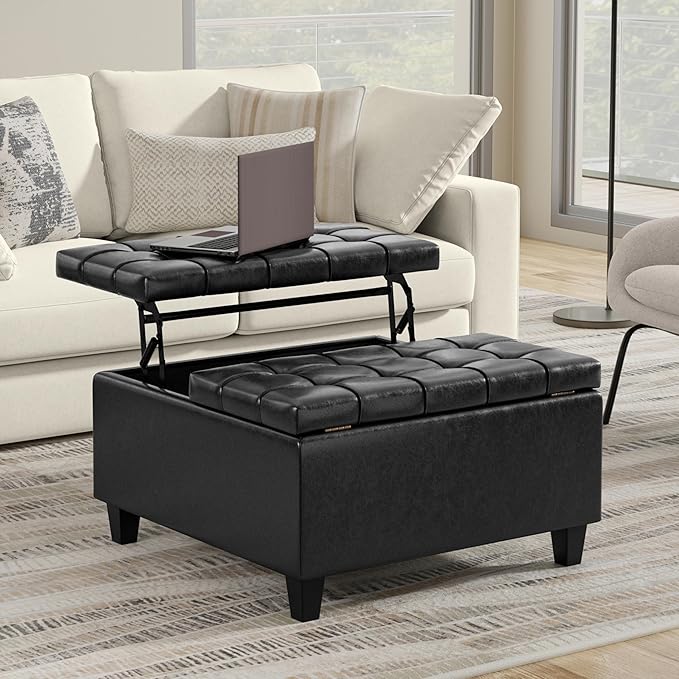 SIMPLIHOME Harrison Small Coffee Table Storage Ottoman - 30 inch Wide Upholstered Vegan Leather Square Lift-Top Ottoman in Distressed Black, Transitional Ottoman for Living Room with Hidden Storage