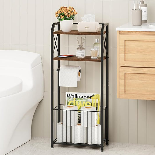 HapiRm Freestanding Toilet Paper Holder - 4-Tier Bathroom Tissue Organizer with Wood Shelves and Large Basket, Toilet Paper Holder Stand for Bathroom, Laundry Room, Apartment - Black（Large）