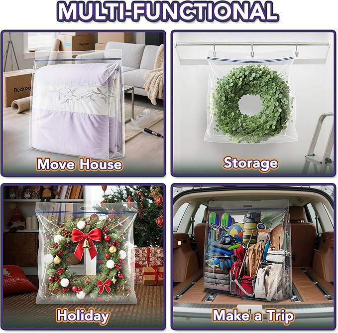 Extra Large Clear Wreath Storage Plastic Bag with Handle For Halloween Summer Christmas Decoration or Clothing Blanket Comforters Bed Sheets Pillows, 4 Pack, 34"x34"x7"