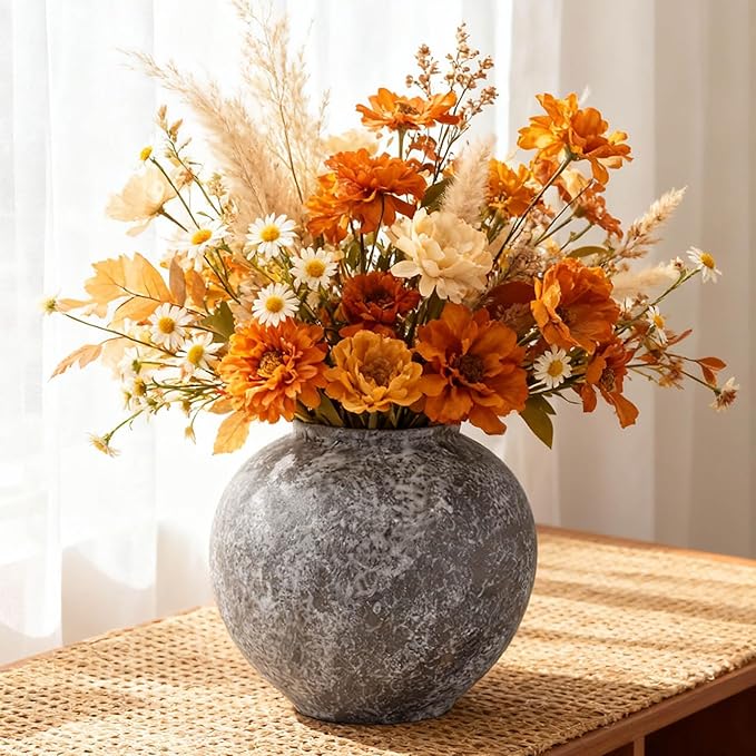 Rustic Black Stone Vase Home Decor - 6 in Ceramic Vintage Farmhouse Vases for Decor, Decorative Terracotta Round Clay vase for Living Room, Table, Shelf, Kichen Décor